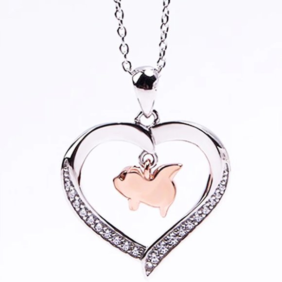Flying Pig In A Heart With CZ Sterling Silver Necklace 18" Sliding Chain - Picture 2 of 2
